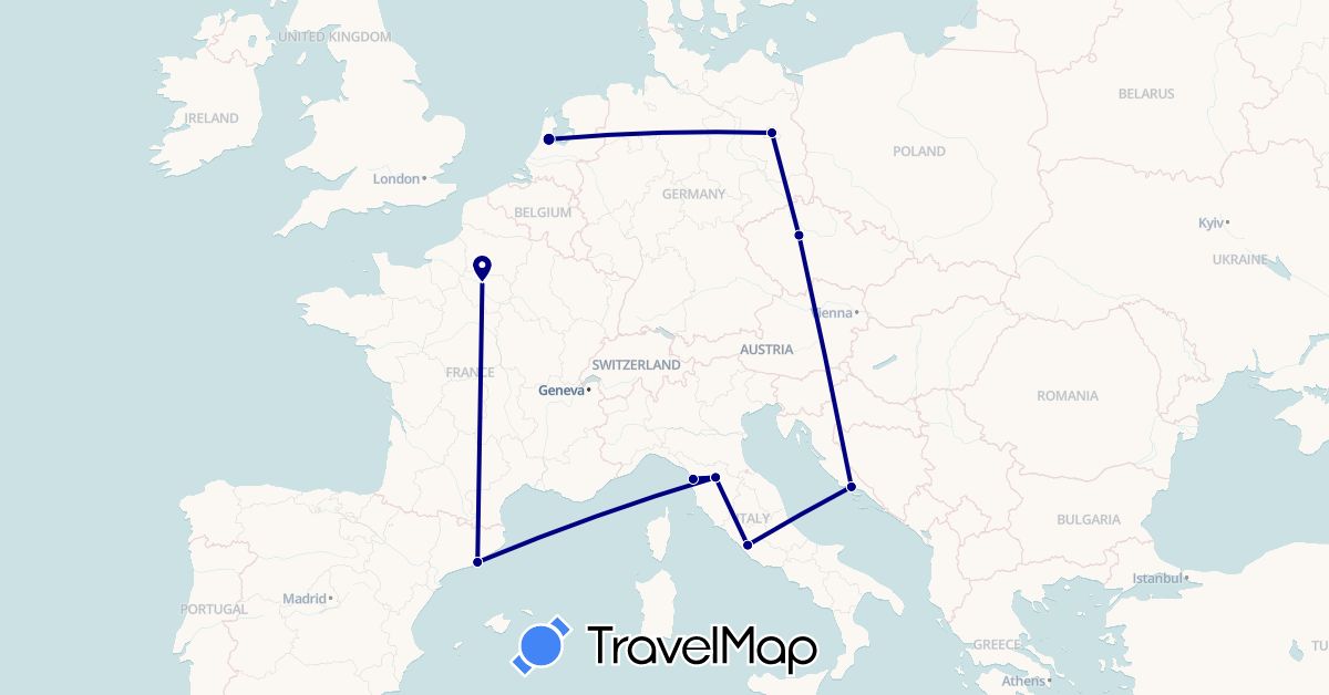 TravelMap itinerary: driving in Czech Republic, Germany, Spain, France, Croatia, Italy, Netherlands (Europe)